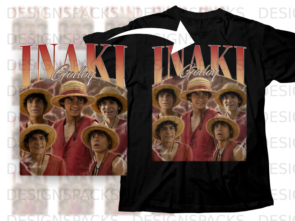 Black t-shirt with "INAKI Godoy" text and multiple portraits of a young man in straw hats.