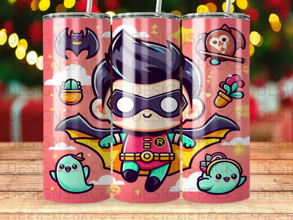Cartoon Robin superhero with wings and cute bird companions.