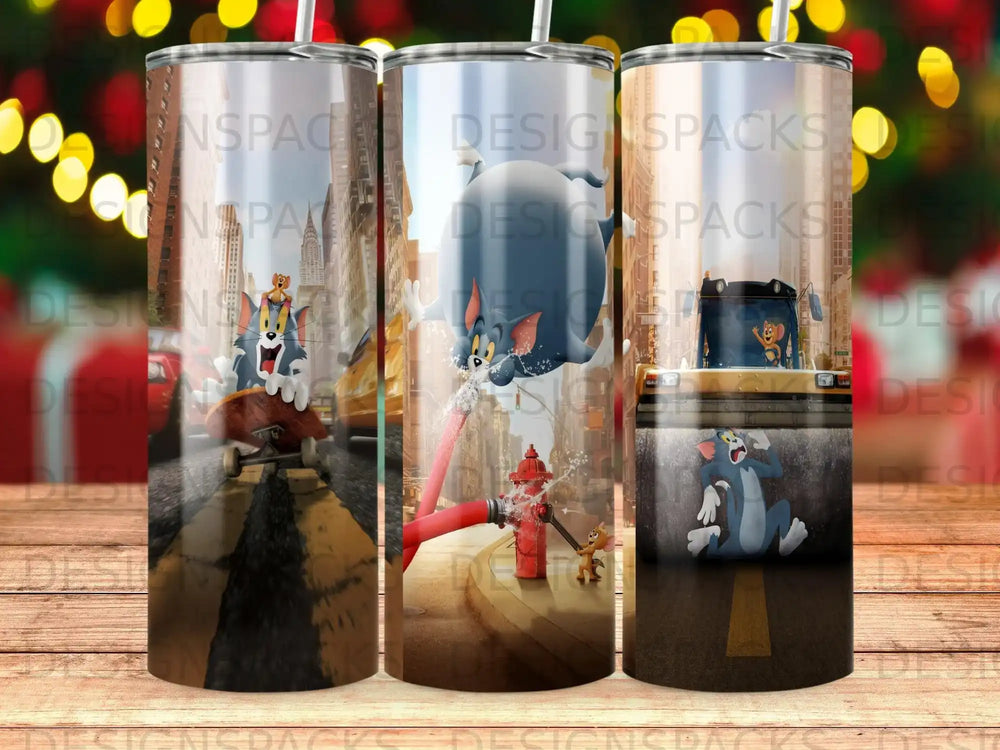 Tom and Jerry cartoon characters on a city street with a fire hydrant and splashing water.