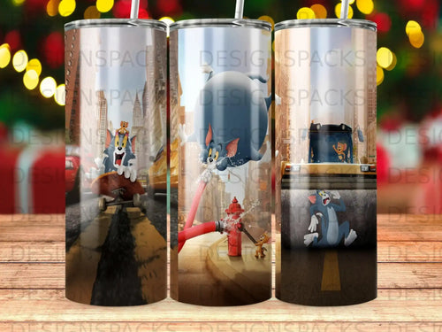 Tom and Jerry cartoon characters on a city street with a fire hydrant and splashing water.