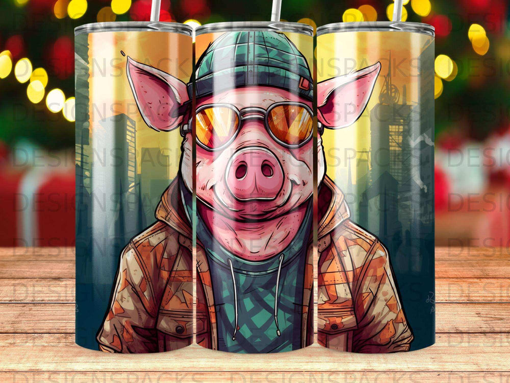 Cartoon pig wearing sunglasses and a beanie, urban cityscape background.