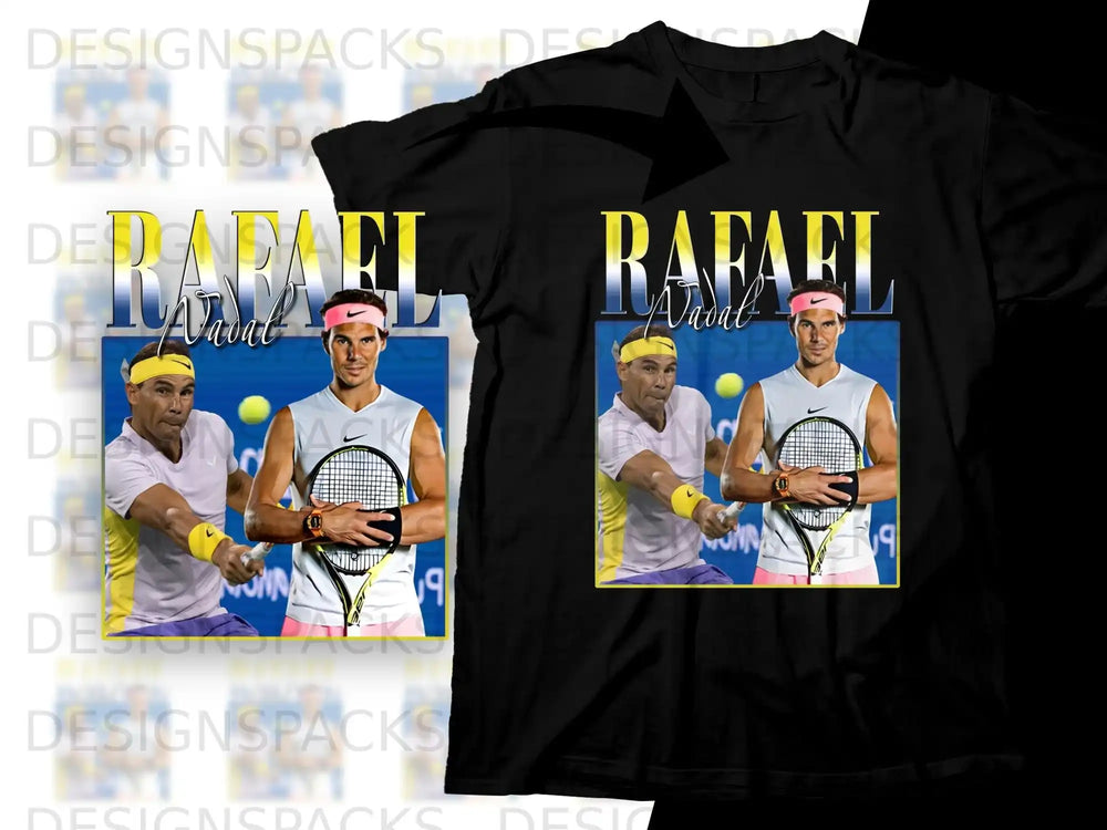 Rafael Nadal tennis player in white shirt and yellow headband, holding racket.