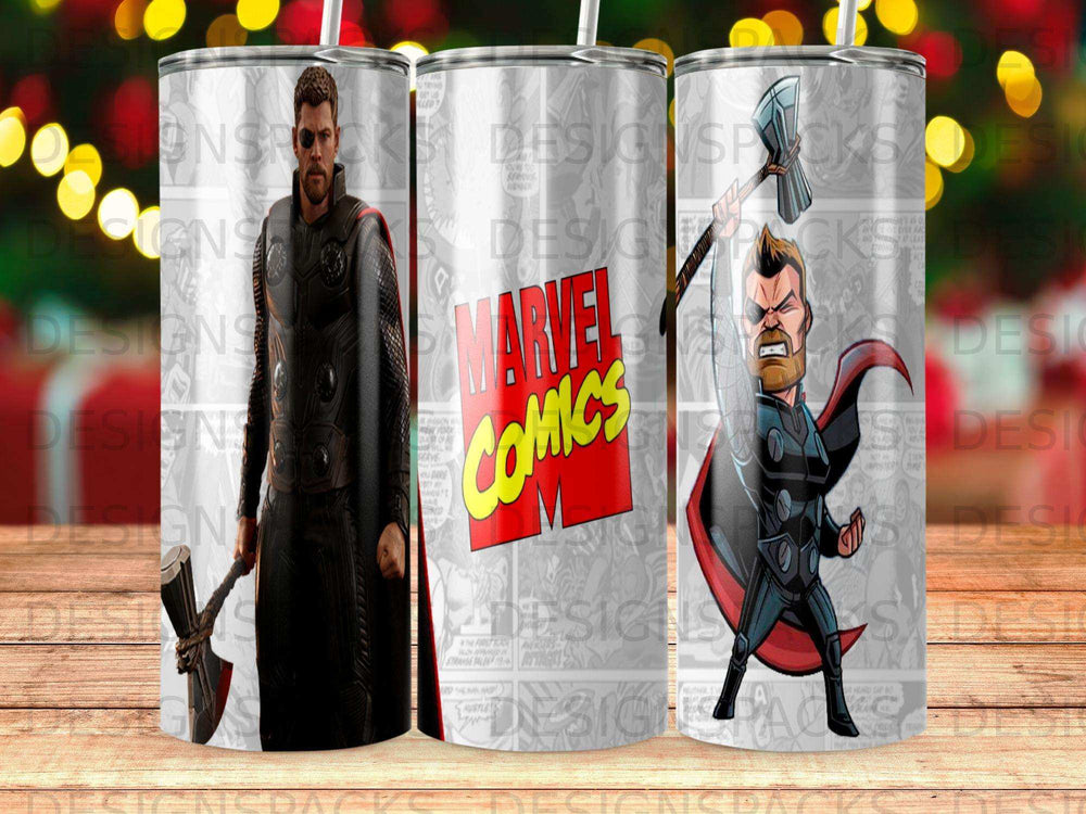 Thor standing in comic book panels with Marvel Comics logo.