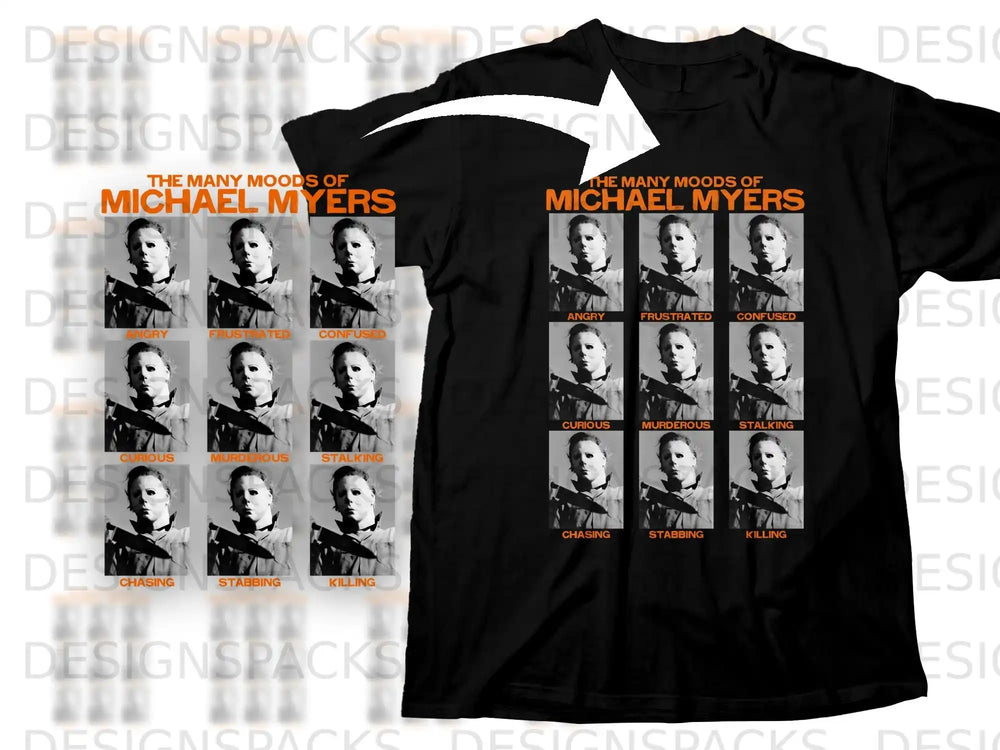 Black t-shirt featuring nine panels of Michael Myers with mood labels.