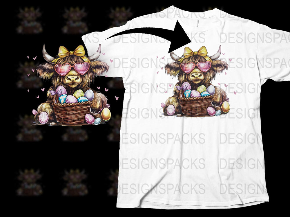 Kids Easter T-Shirt, Cute Highland Cow with Eggs Basket, Heart Sunglasses, Spring Holiday Tee for Children