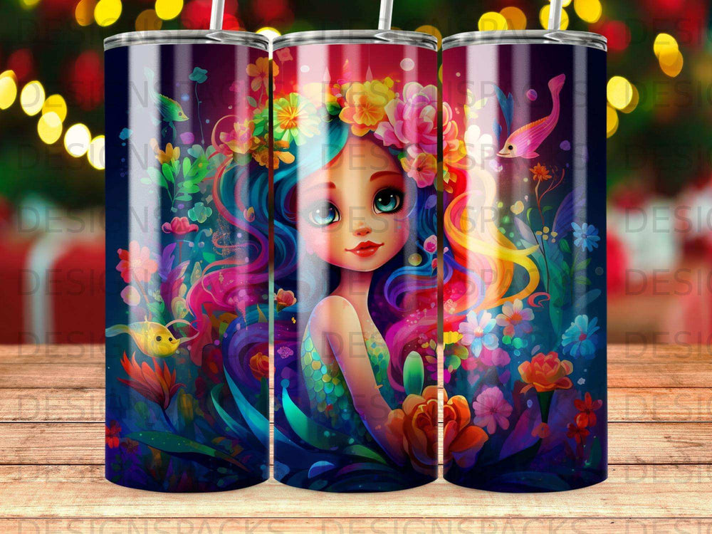 Mermaid with colorful flowers and tropical fish on a patterned tumbler.