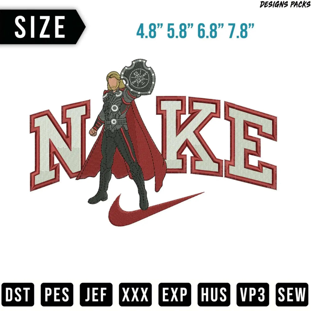 Thor wearing a Nike-style uniform in front of Nike logo with sizes and file types.