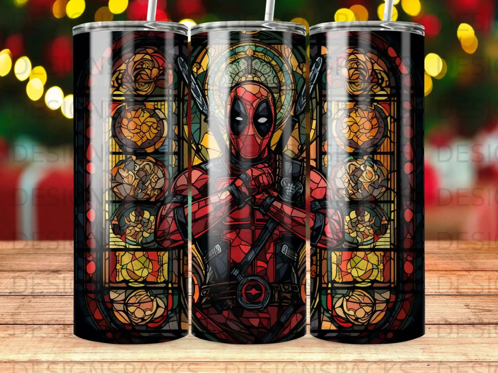 Deadpool in stained glass style, against a dark background.
