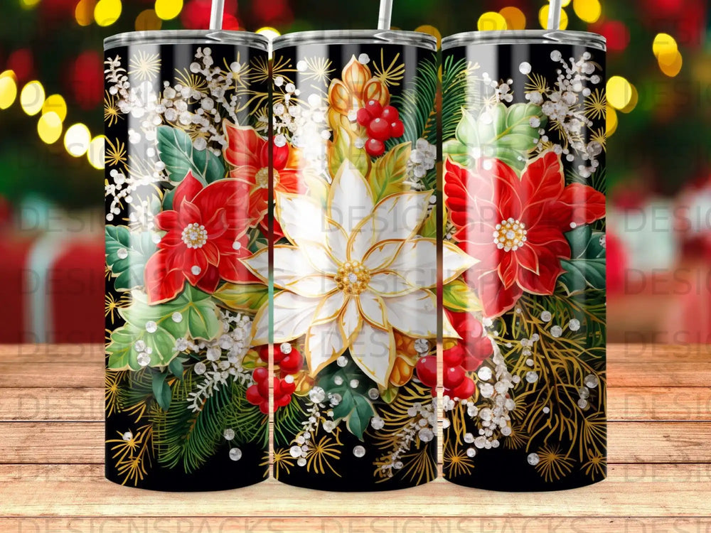 Tapered tumbler with white and red poinsettias, green holly, and gold accents.