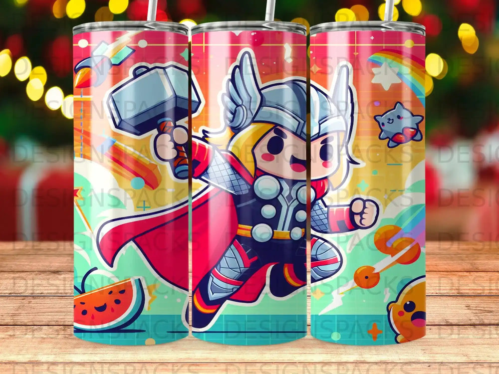 Chibi Thor with Mjolnir, holding watermelon slice and smiling.