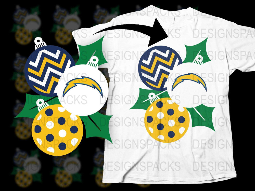 Festive Holiday T-Shirt, Christmas Tree Ornaments Design, Chargers Inspired, Casual Wear