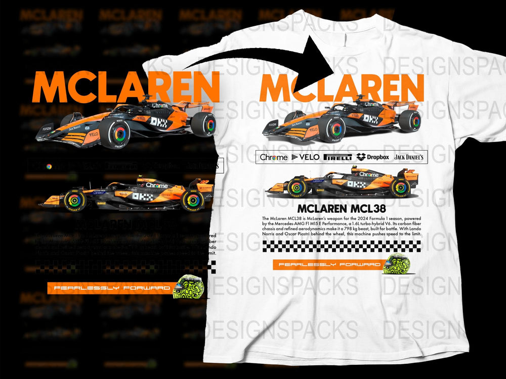 McLaren MCL38 Racing Car T-Shirt, Formula 1 Fan Merch, Motorsport Graphic Tee, High-Quality Print, Unisex Fashion