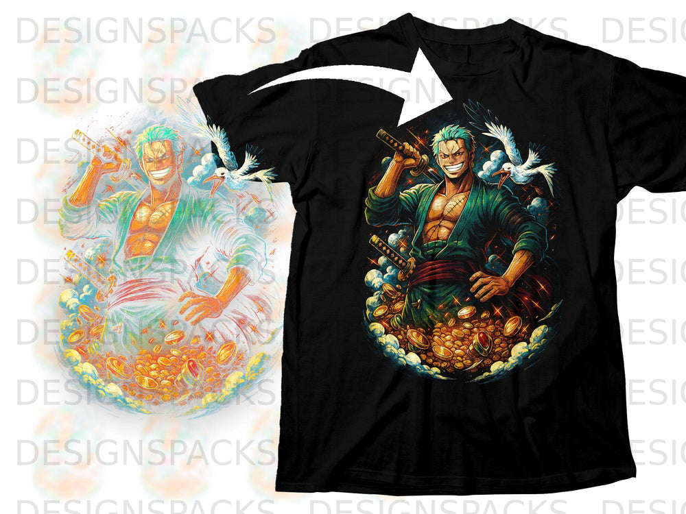 Zoro stands on gold coins with swords and birds around him on a black t-shirt.