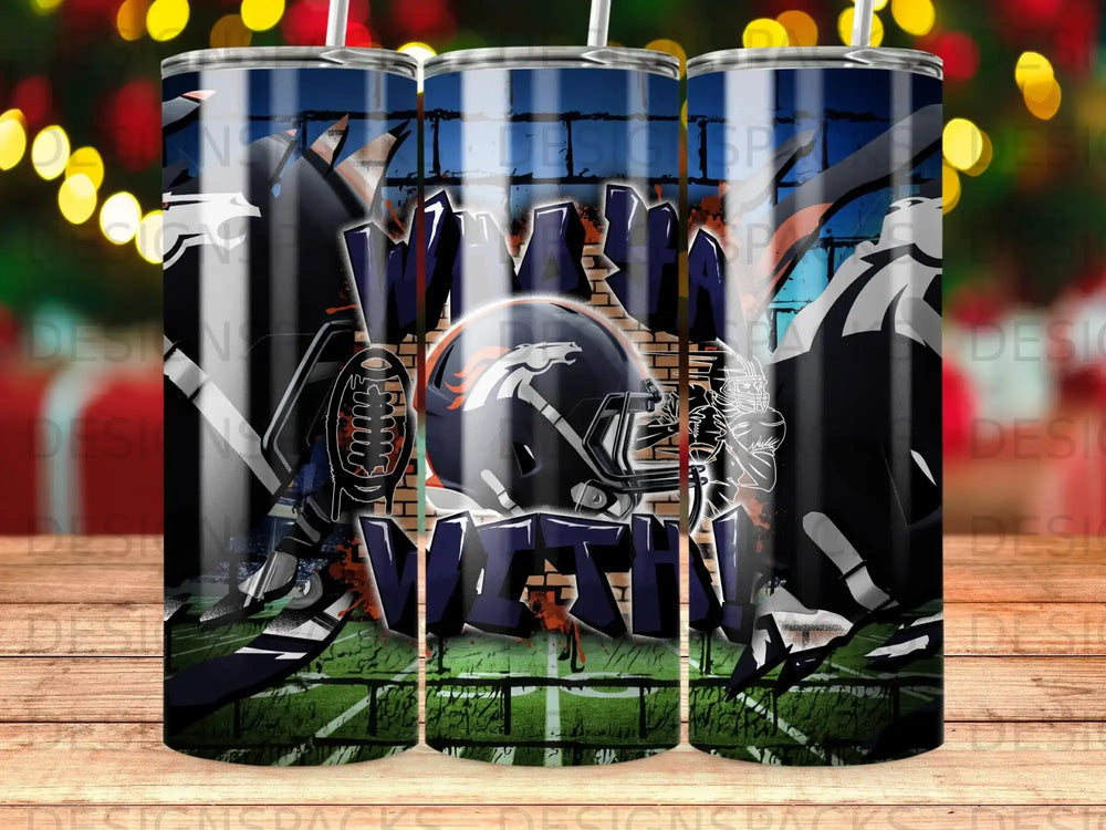 Denver Broncos helmet and football with "VIN MATH" graffiti on turf.
