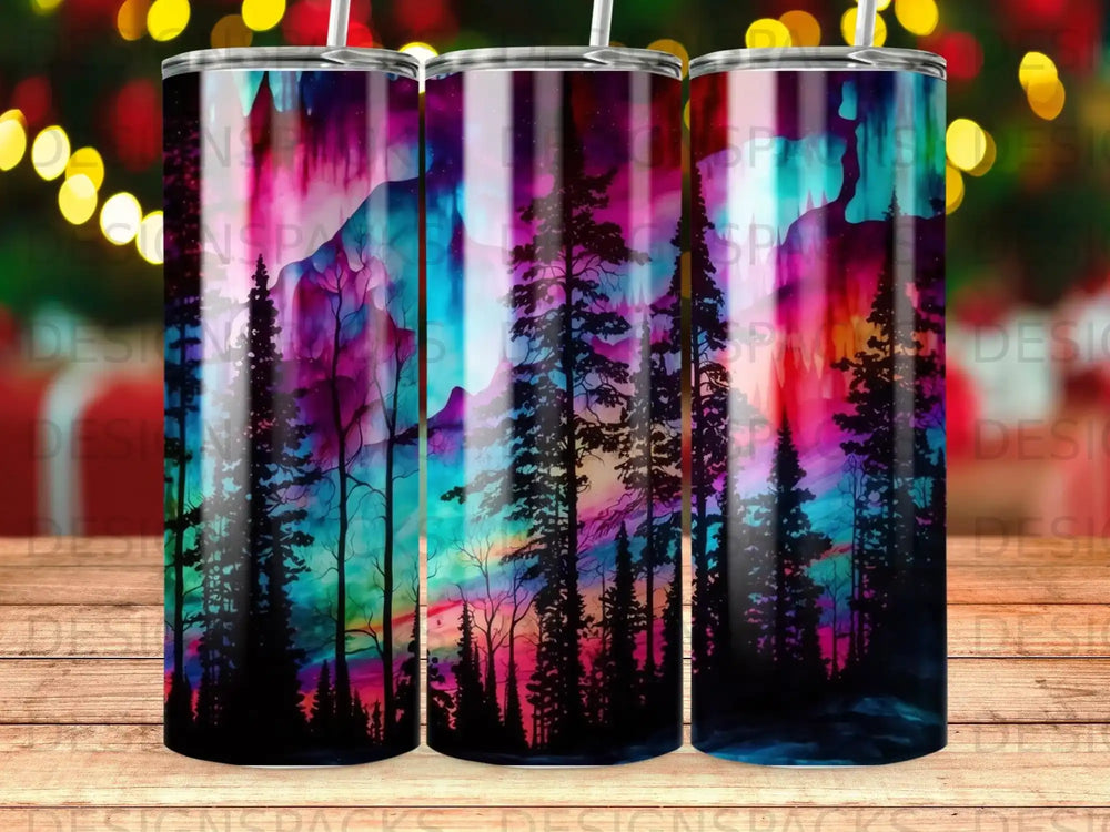 Night sky with aurora borealis over silhouetted pine trees.