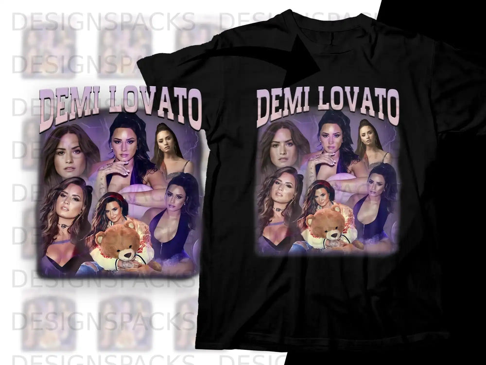 Demi Lovato collage on black t-shirt.