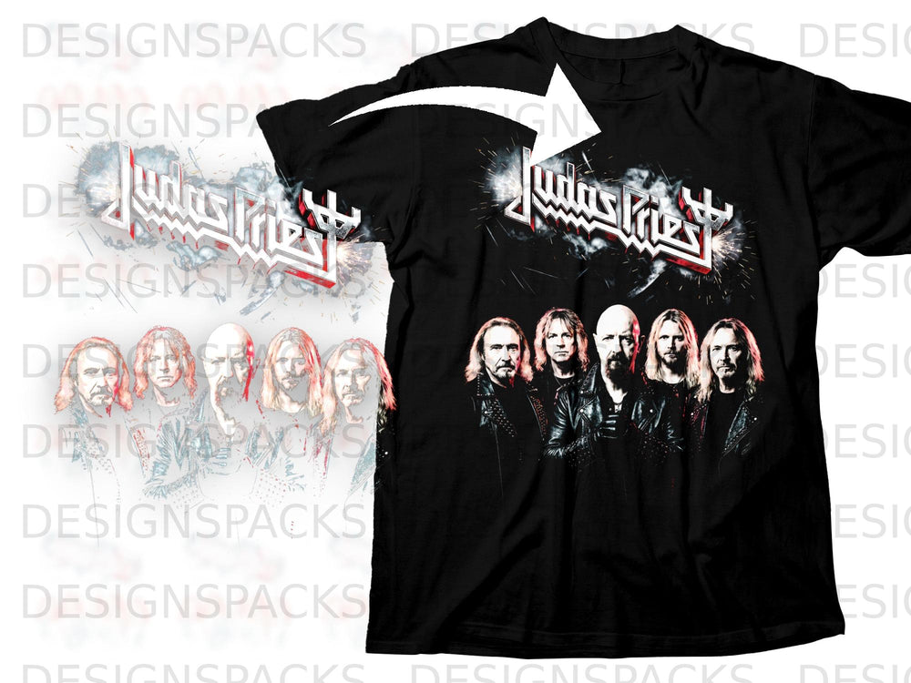 Black t-shirt with white Judas Priest logo and band members in leather jackets.