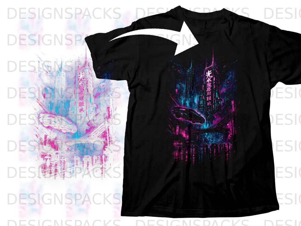 Black t-shirt with a neon cyberpunk cityscape design featuring Japanese text.