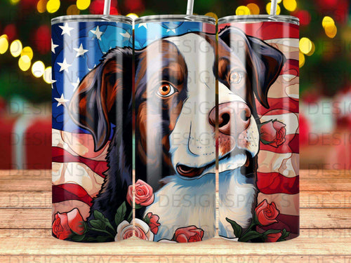 Bernese Mountain Dog portrait with American flag and roses on a tumbler.