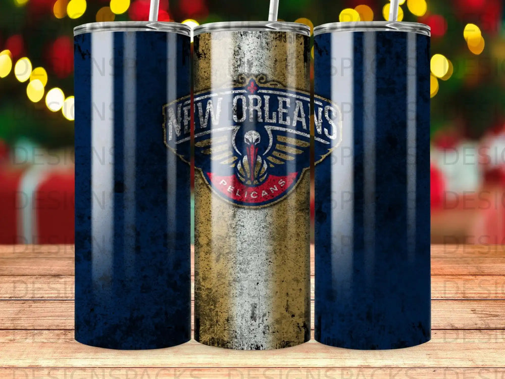 New Orleans Pelicans logo on a textured blue and gold tumbler.
