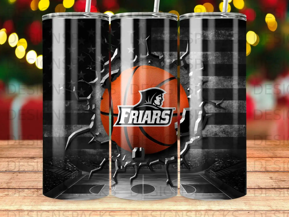 Basketball with "Friars" text overlaid on a cracked American flag background.