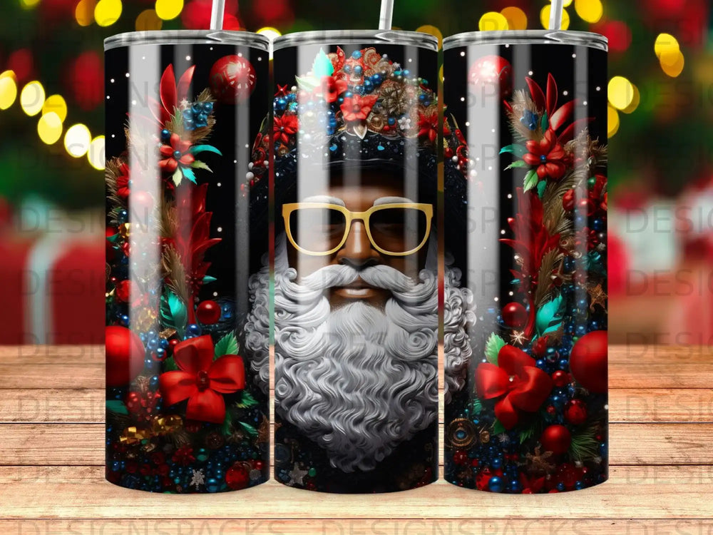 Santa Claus with gold glasses and festive red and blue ornaments.