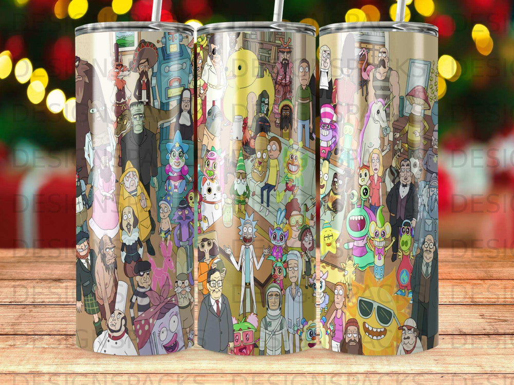 Rick and Morty characters collage on a tumbler wrap.