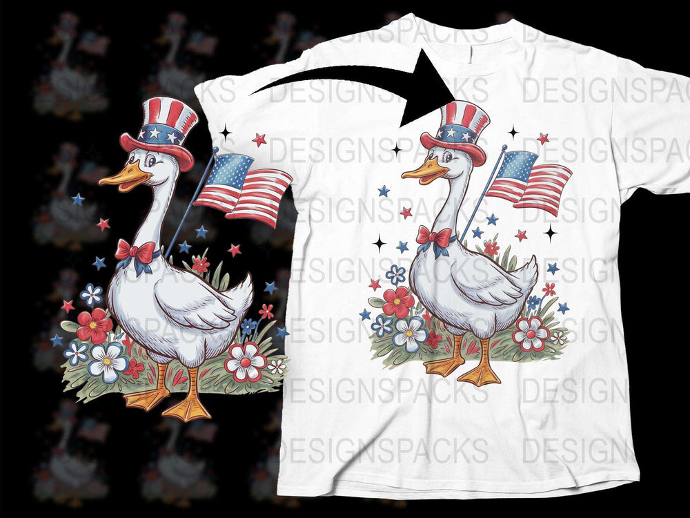 Patriotic Duck T-Shirt, 4th of July American Flag, USA Hat Duck Graphic Tee, Floral Duck Design, Unisex Adult Clothing