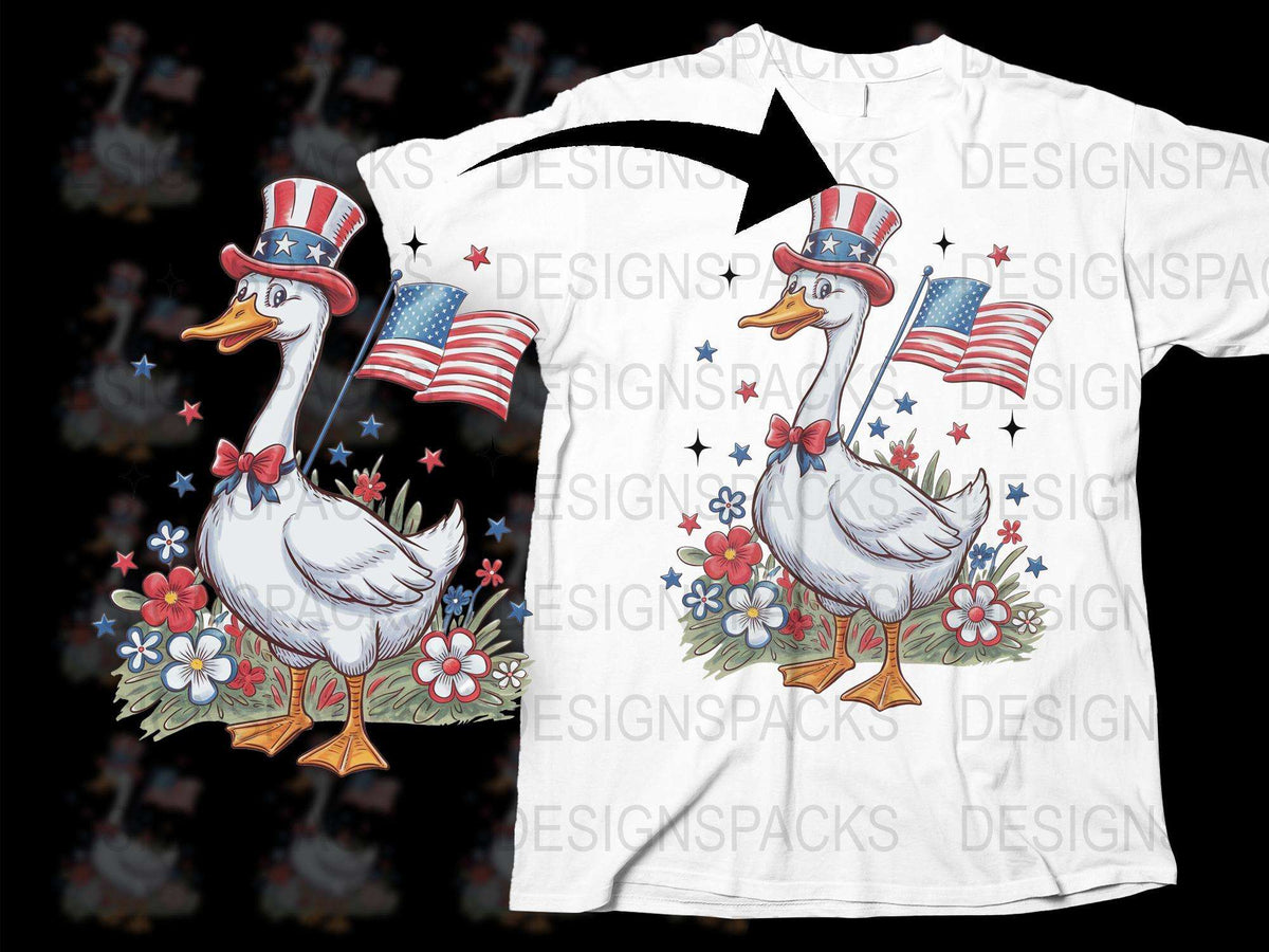 Patriotic Duck T-Shirt, 4th of July American Flag, USA Hat Duck Graphic Tee, Floral Duck Design, Unisex Adult Clothing