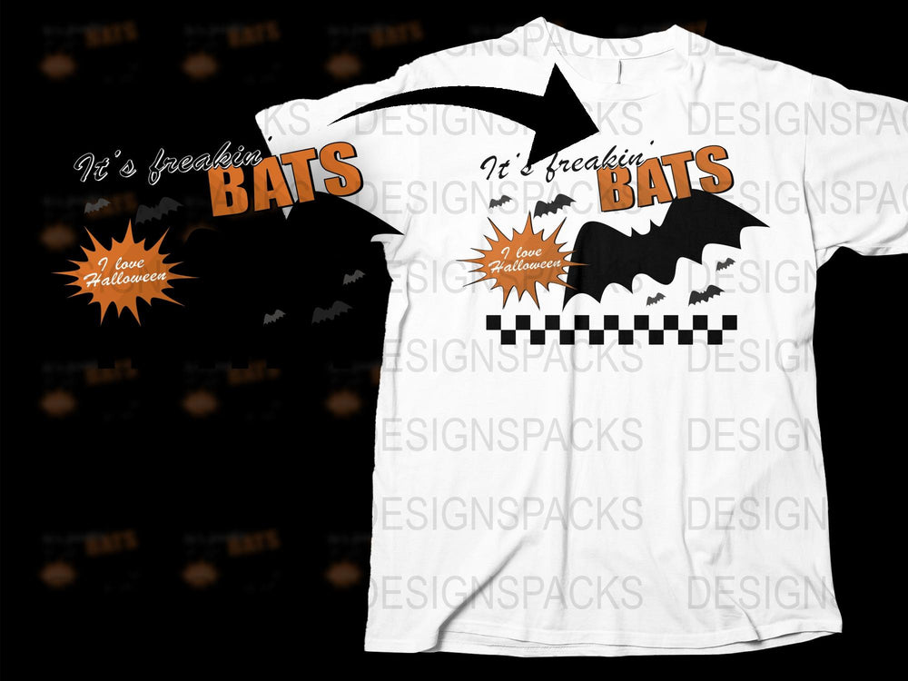 Halloween Bats Graphic T-Shirt, Spooky Halloween Print Tee, Orange and Black Bat Design, Unisex Halloween Party Shirt