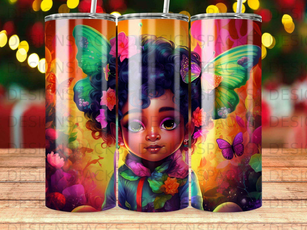 Child with butterfly wings and flowers, colorful design on three tumblers.