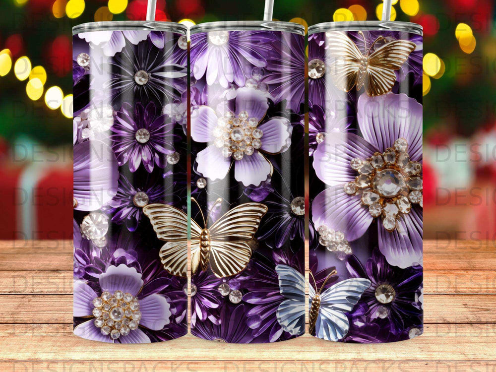Purple floral pattern with gold and blue butterflies, detailed gems.