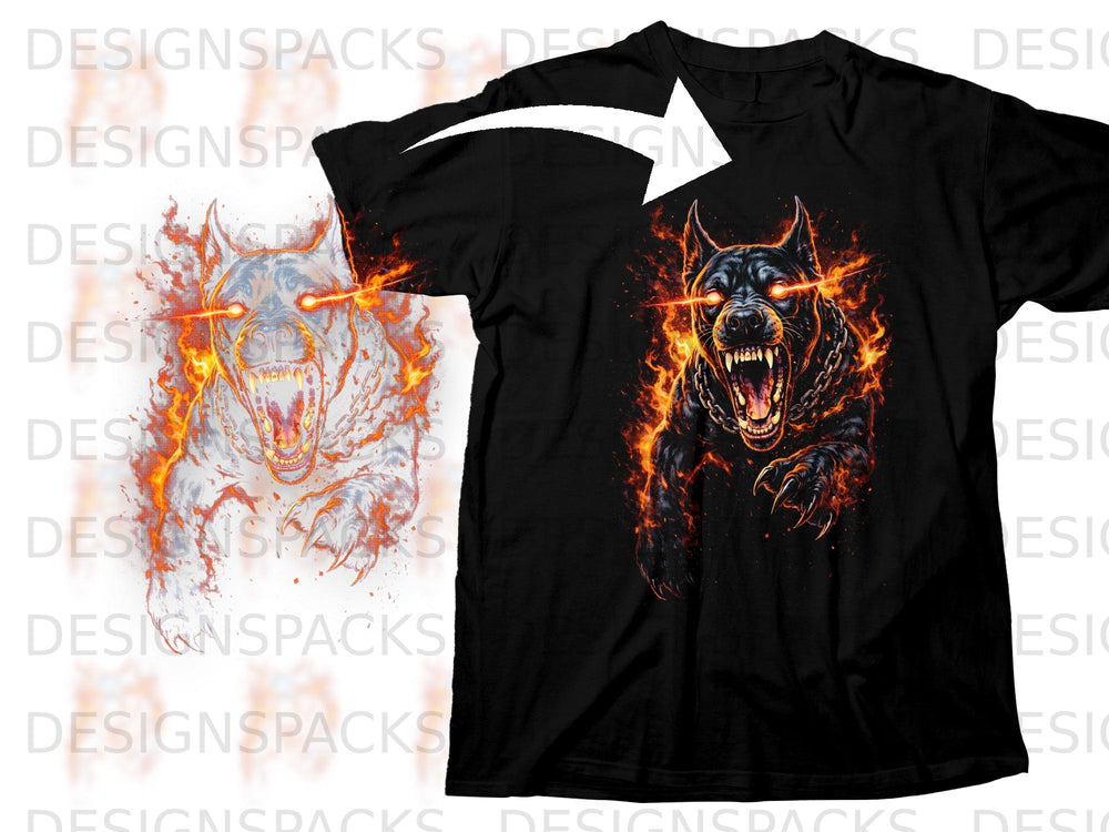 Black t-shirt with a fierce dog graphic surrounded by flames.