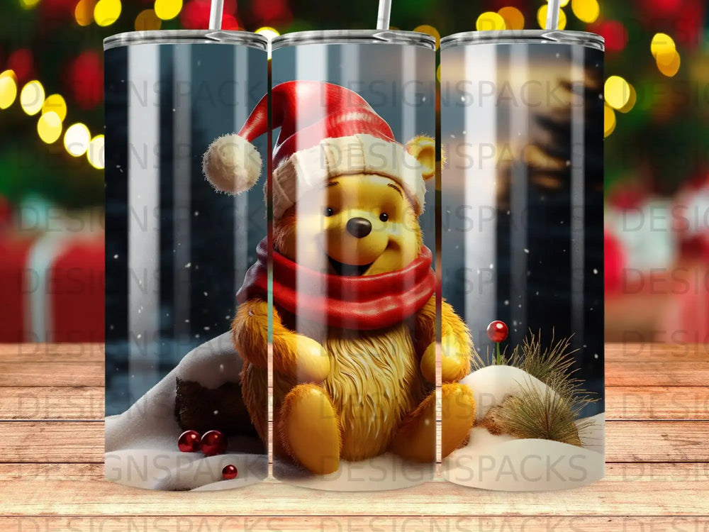 Winnie the Pooh wearing a Santa hat and scarf sits in the snow.