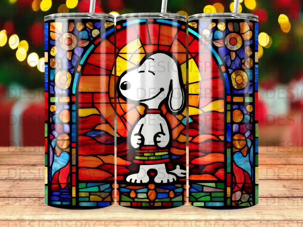 Snoopy standing in front of a stained-glass window with colorful circular patterns.