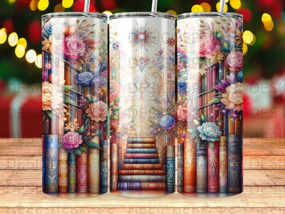 Floral bookshelf tumbler design with colorful books and ornate patterns.
