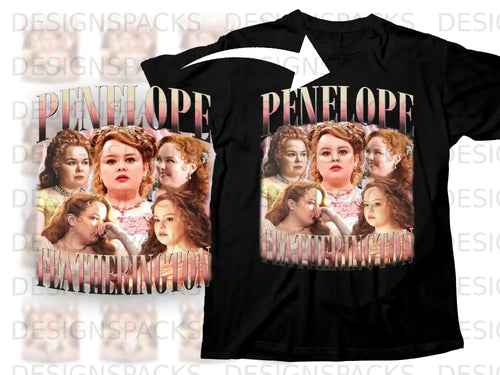 Black t-shirt featuring Penelope Featherington collage from Bridgerton, with text.