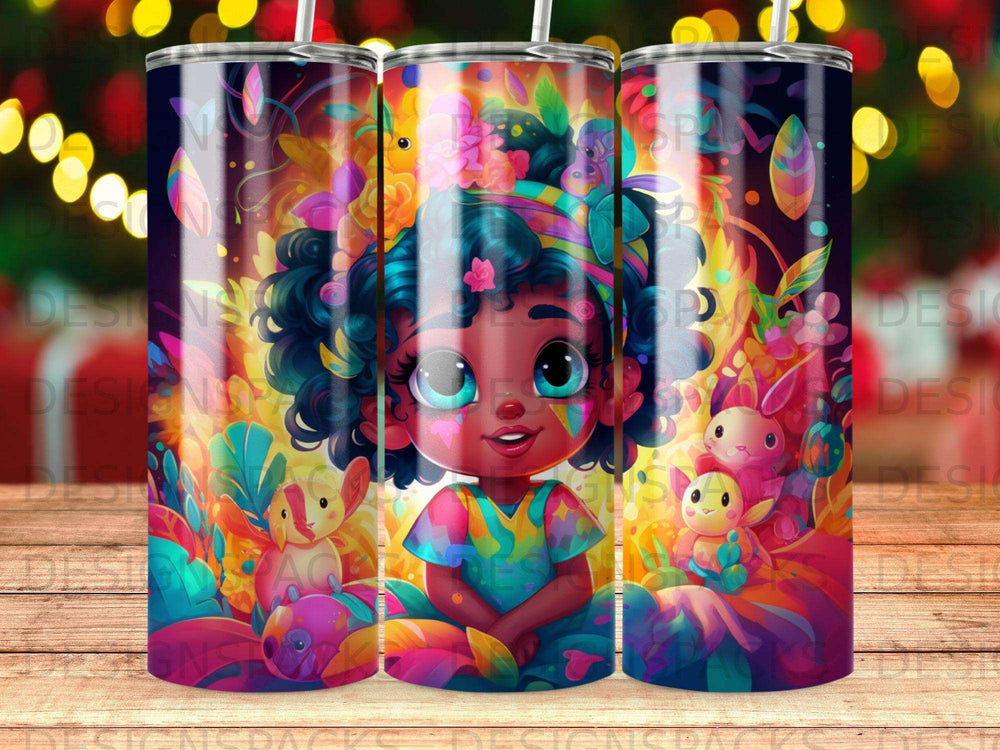 Cartoon girl with colorful hair and bunny friends.