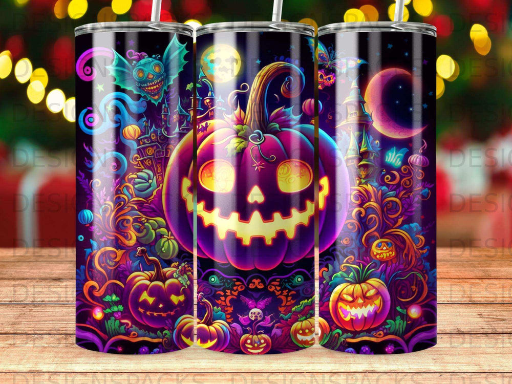 Halloween tumbler with jack-o'-lantern, monster, and spooky night scene.