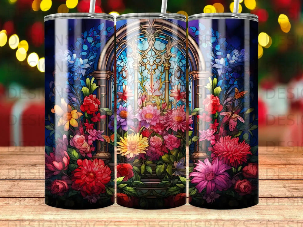 Floral stained glass window design on a tumbler.