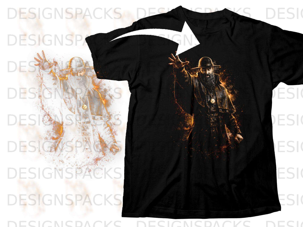 Black t-shirt with a graphic of a wizard with outstretched arms and fiery accents.