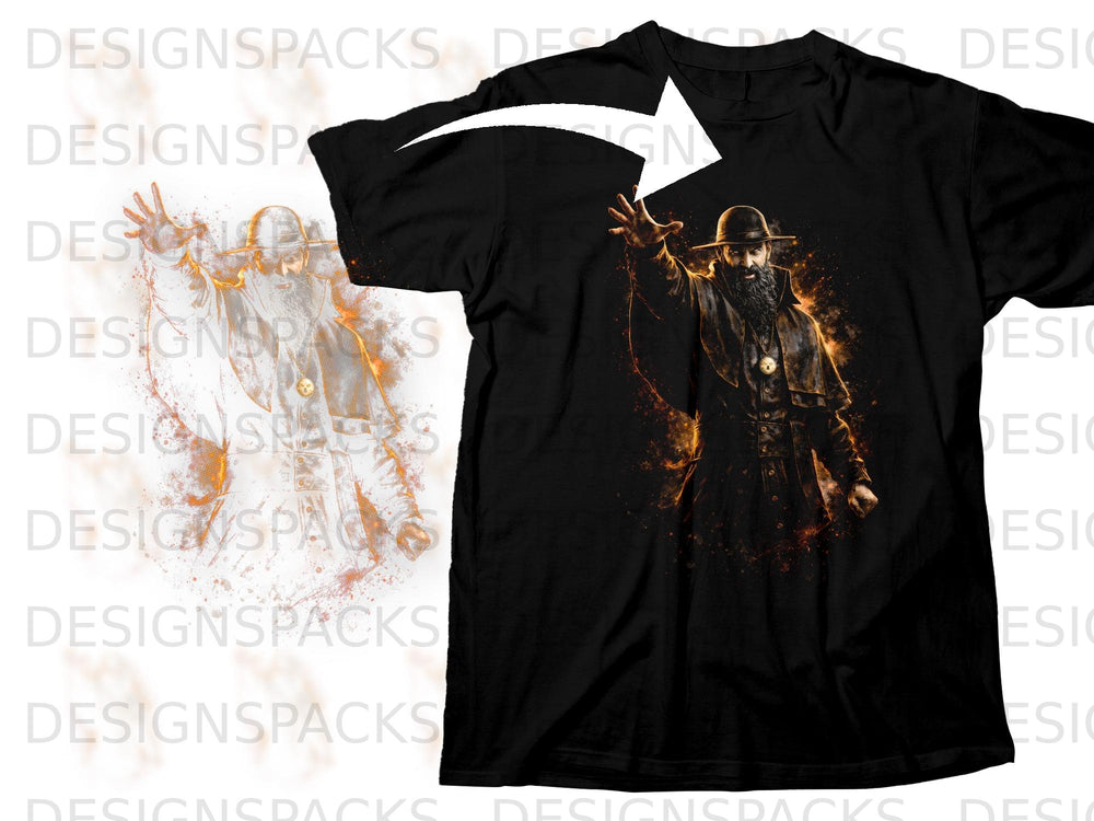 Black t-shirt with a graphic of a wizard with outstretched arms and fiery accents.