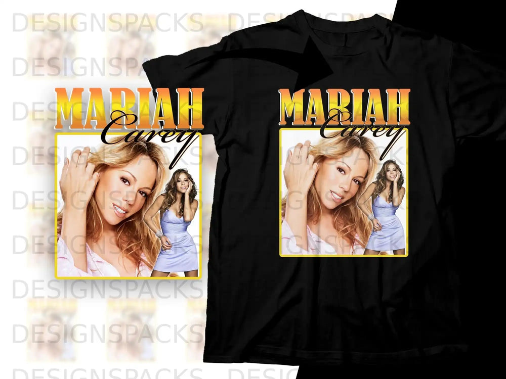 Mariah Carey graphic on black t-shirt, with her photo and name.