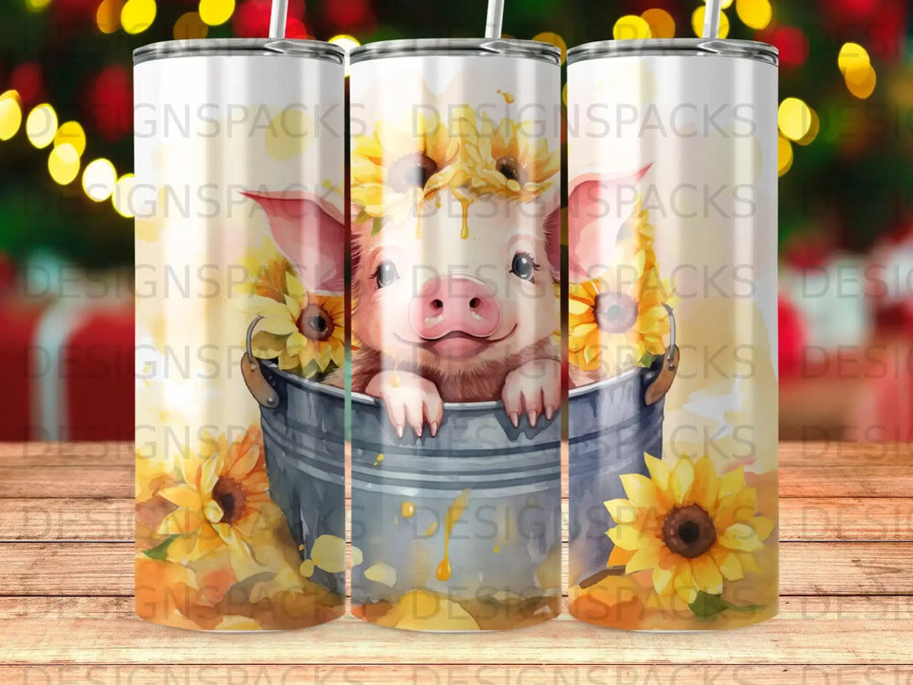 Pig peeking from a bucket surrounded by sunflowers, with repeated watermark.
