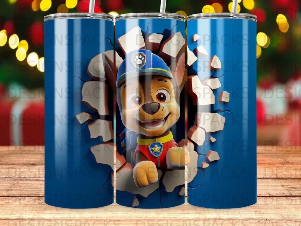Chase the dog in uniform breaks through a colorful shattered background.
