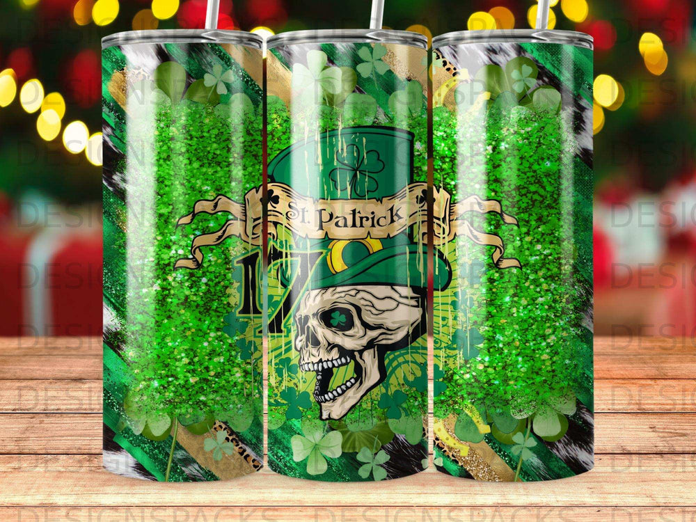 St. Patrick's Day skull with shamrocks and green glitter on a tumbler.