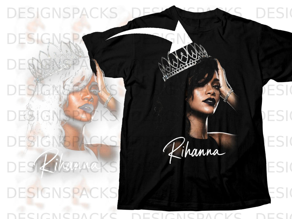 Black t-shirt with Rihanna wearing a tiara and lipstick.