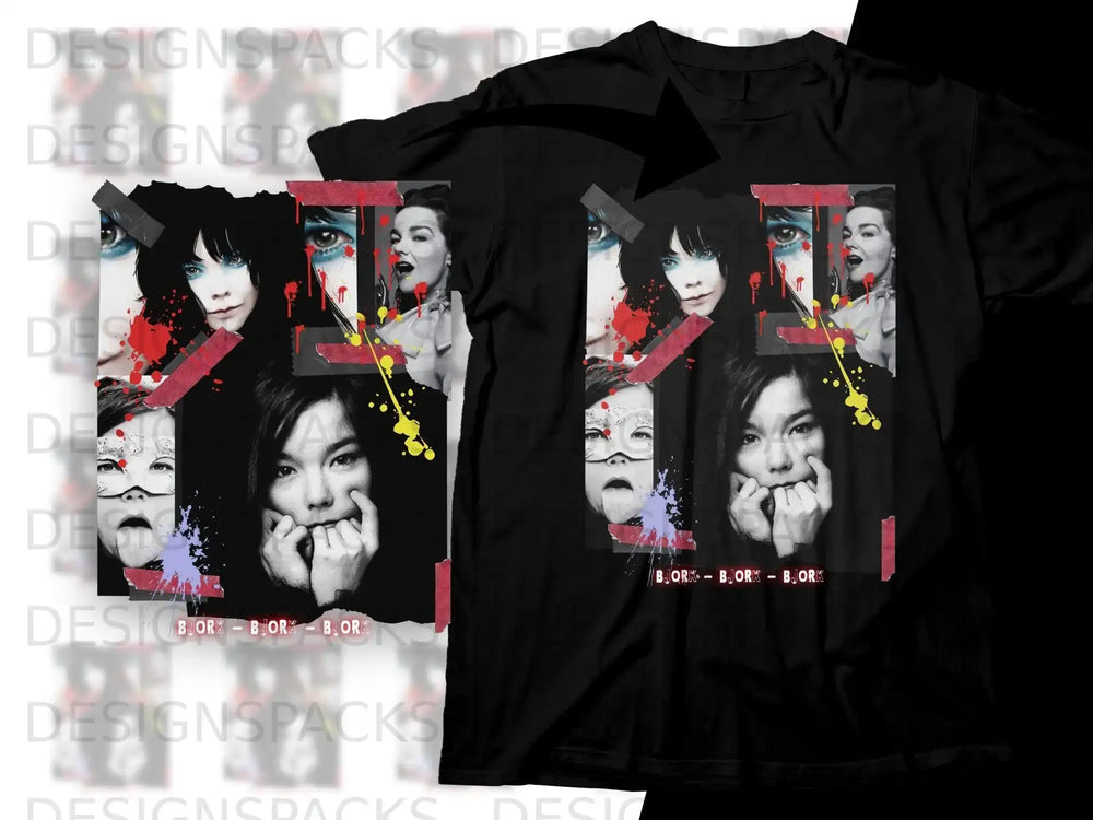 Björk album art collage with "BJORK BJORK - BJORK" text.