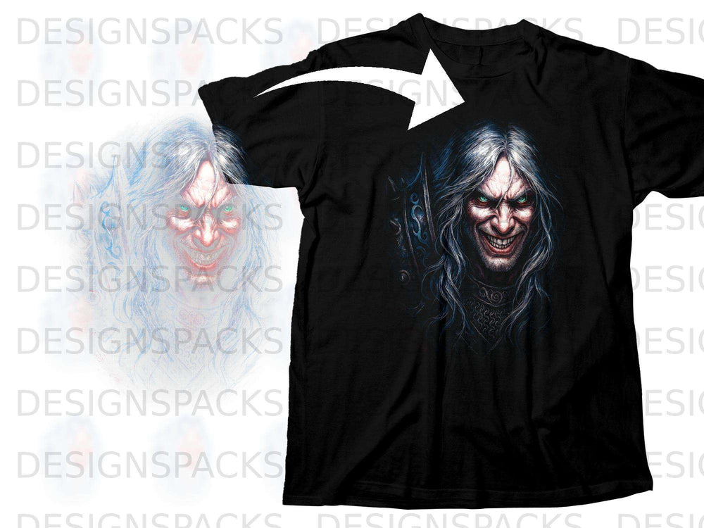 Black t-shirt with a detailed print of a sinister, pale-skinned man with long white hair and glowing green eyes.
