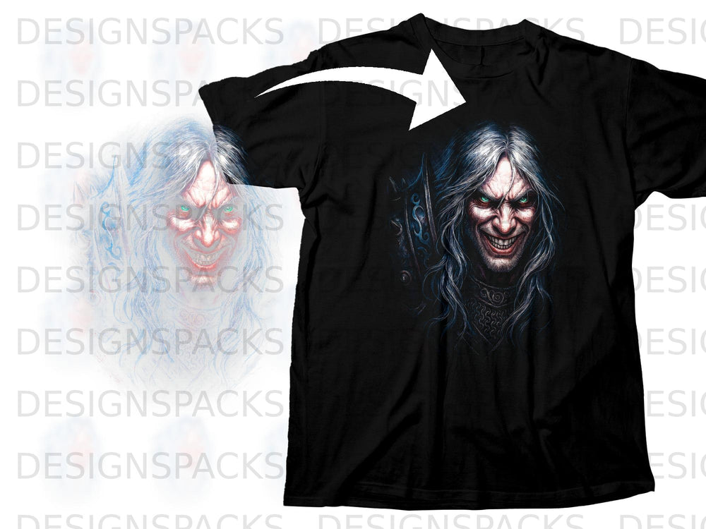 Black t-shirt with a detailed print of a sinister, pale-skinned man with long white hair and glowing green eyes.